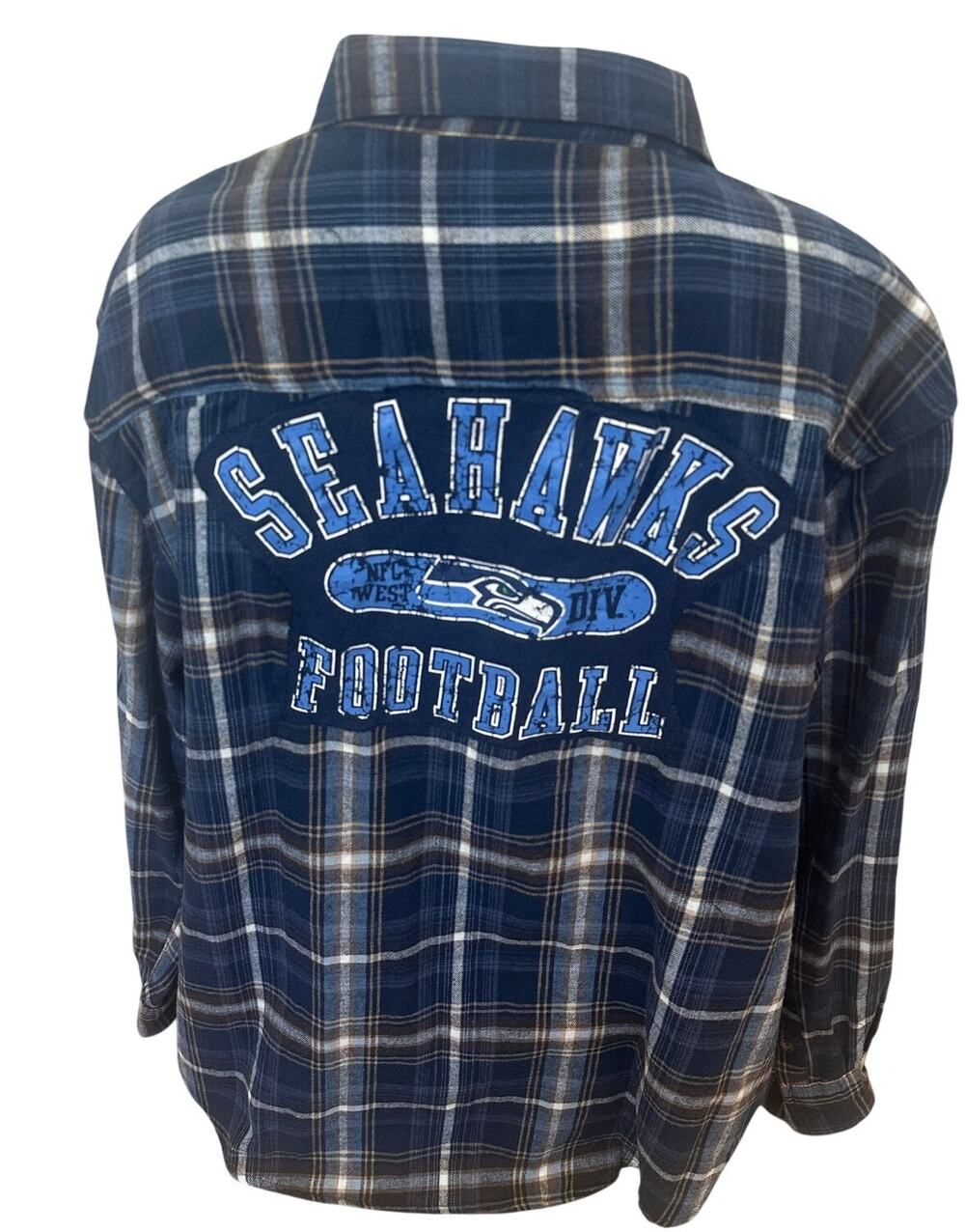 Seattle Seahawks Flannel Plaid Shirt Football 2XL Oversize Unique Blue Upcycled